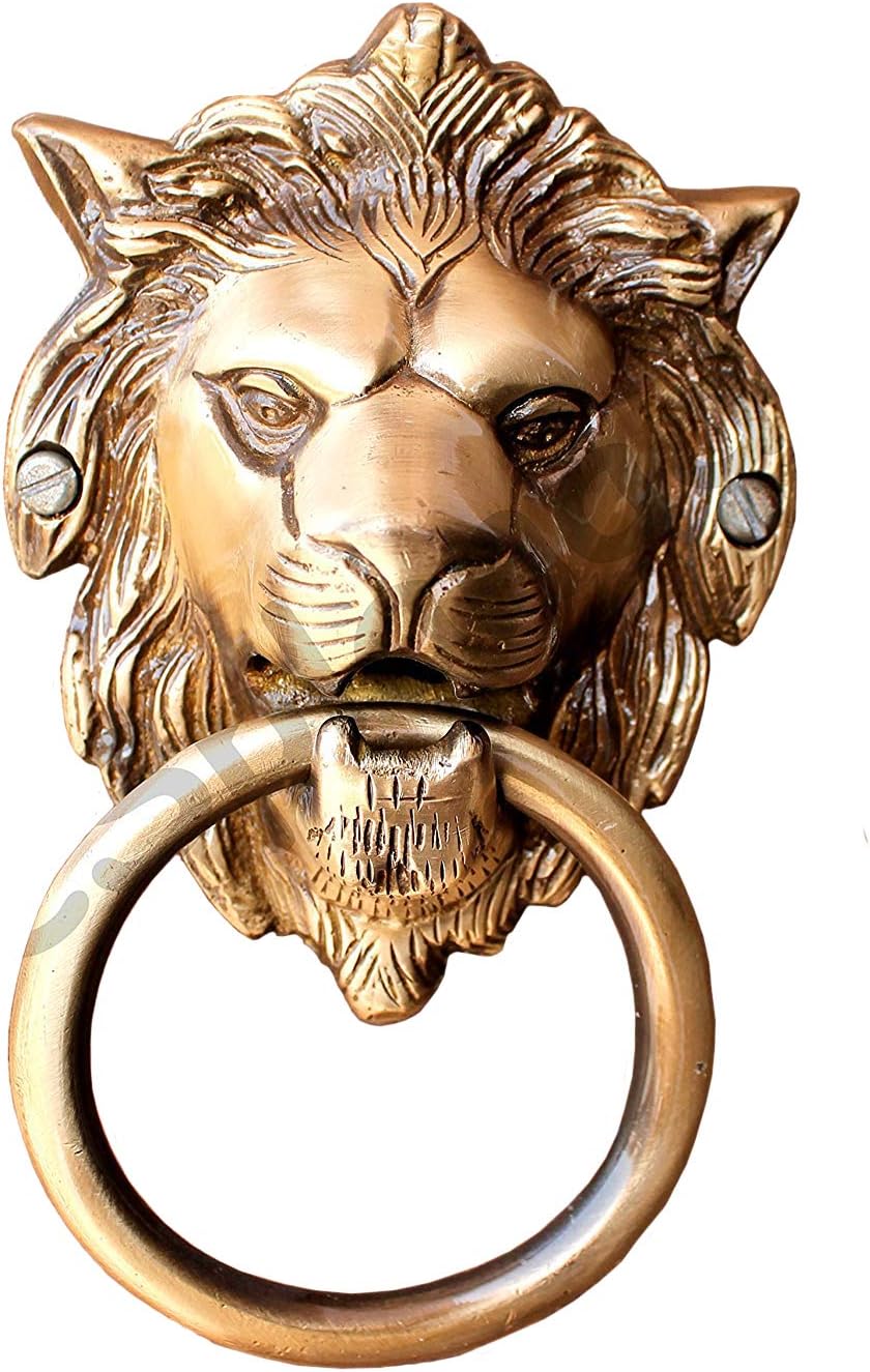 eSplanade Brass Lion Face Mouth Door Knocker, Door Accessories, Gate Knocker