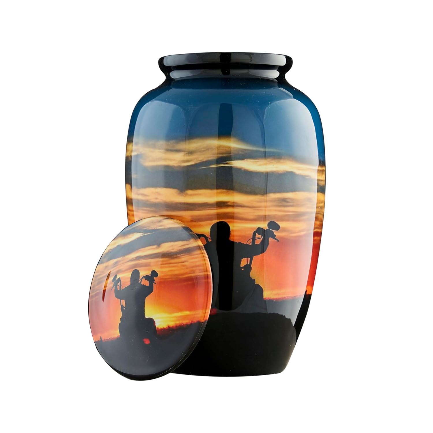 Esplanade Metal Urn for Ashes Adult Male Female – 10" Cremation Urn for Human Ashes, Full Size Large Urn, Sunset Orange Blue ERN with Bike, Funeral Vase with Velvet Bag - for 80kg Adult