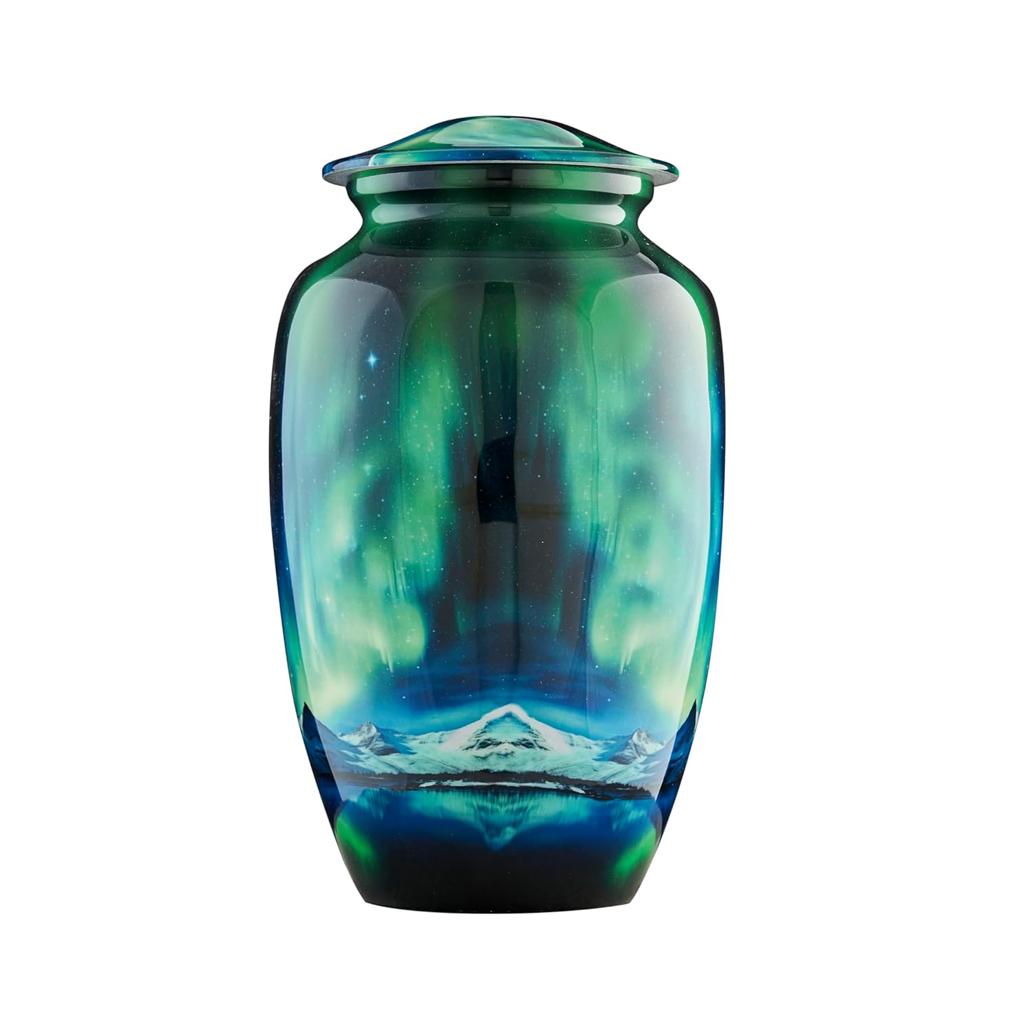 Esplanade Metal Urn for Ashes Adult Male Female – 10" Cremation Urn for Human Ashes, Full Size Large Urn, Aurora Northern Lights Mountains Blue Colour, Funeral Vase with Velvet Bag - for 80kg Adult