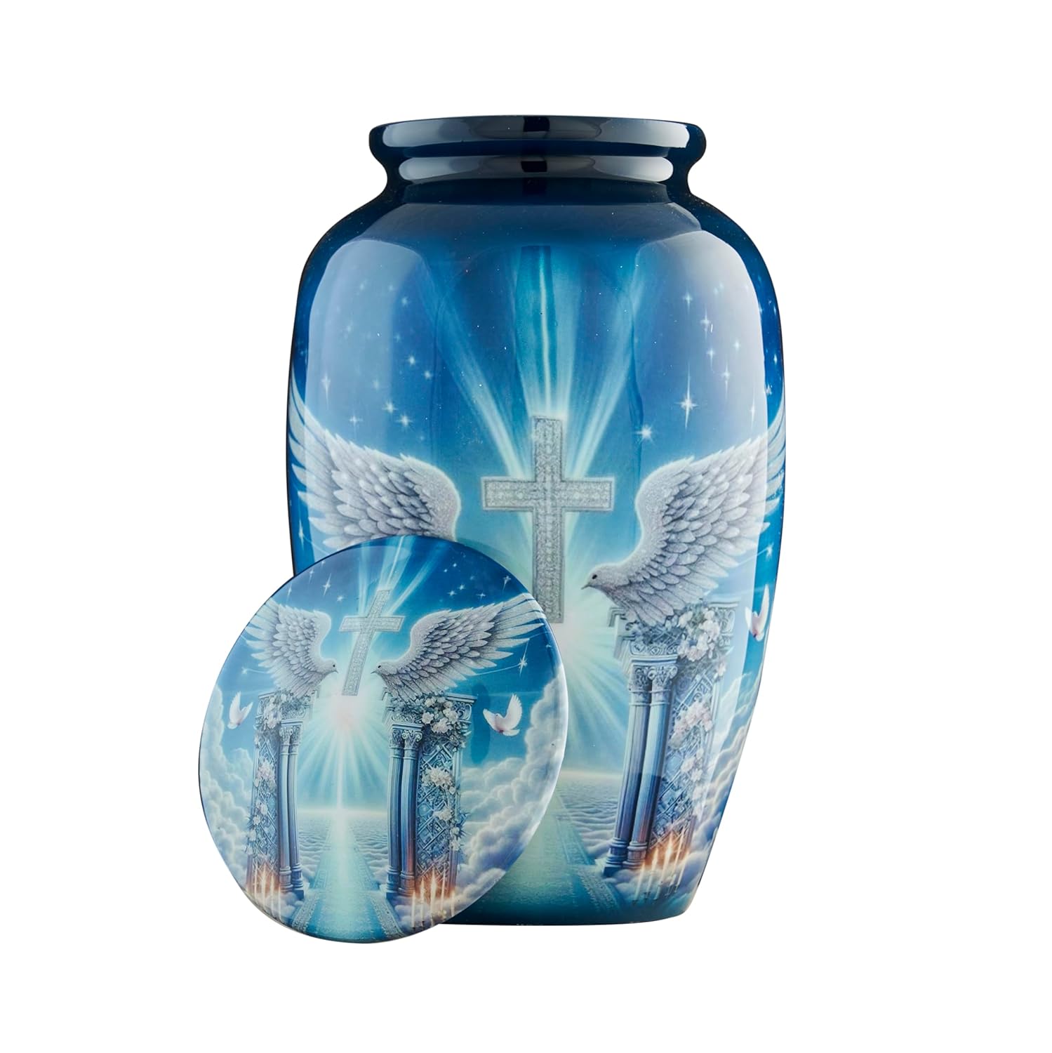 Esplanade Metal Urn for Ashes Adult Male Female – 10" Cremation Urn for Human Ashes, Full Size Large Urn, Heaven Cross with Two Doves in Blue Colour, Funeral Vase with Velvet Bag - for 80kg Adult