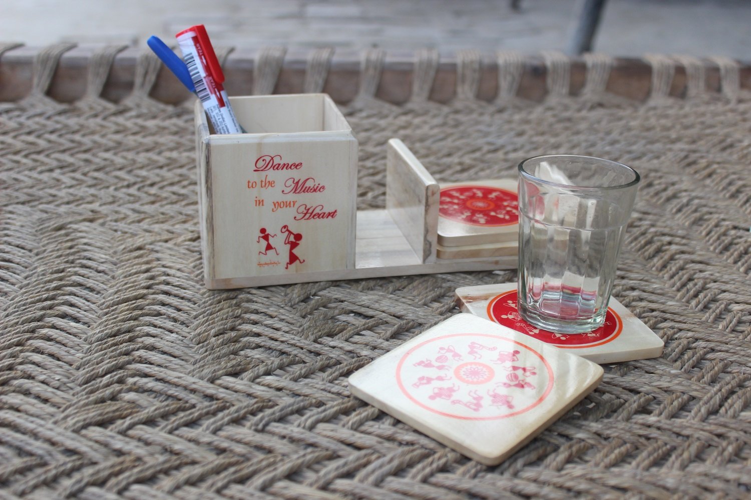 IVEI Warli Wooden Pen Stand with Mobile Holder and Coaster - Utility Pen Stand - Desk Organizer - Stationery Holder - Table Top Items - Unique Pattern Coaster - Best Gift for Office and Home