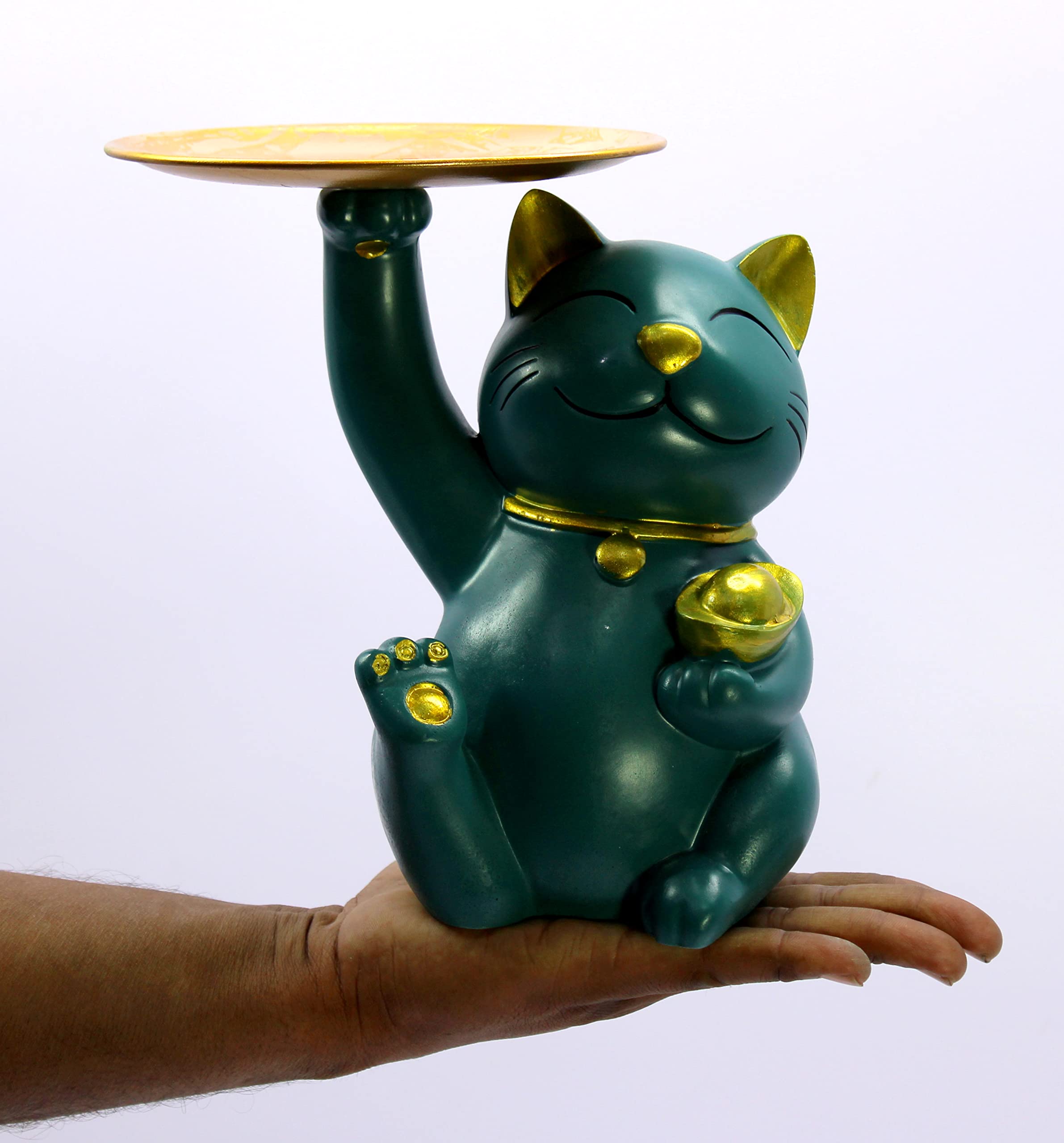 eSplanade Cat Holding Golden Plate Showpiece Statue Sculpture Figurine | Home Decor Resin - 8.5" Inches - Green-Golden