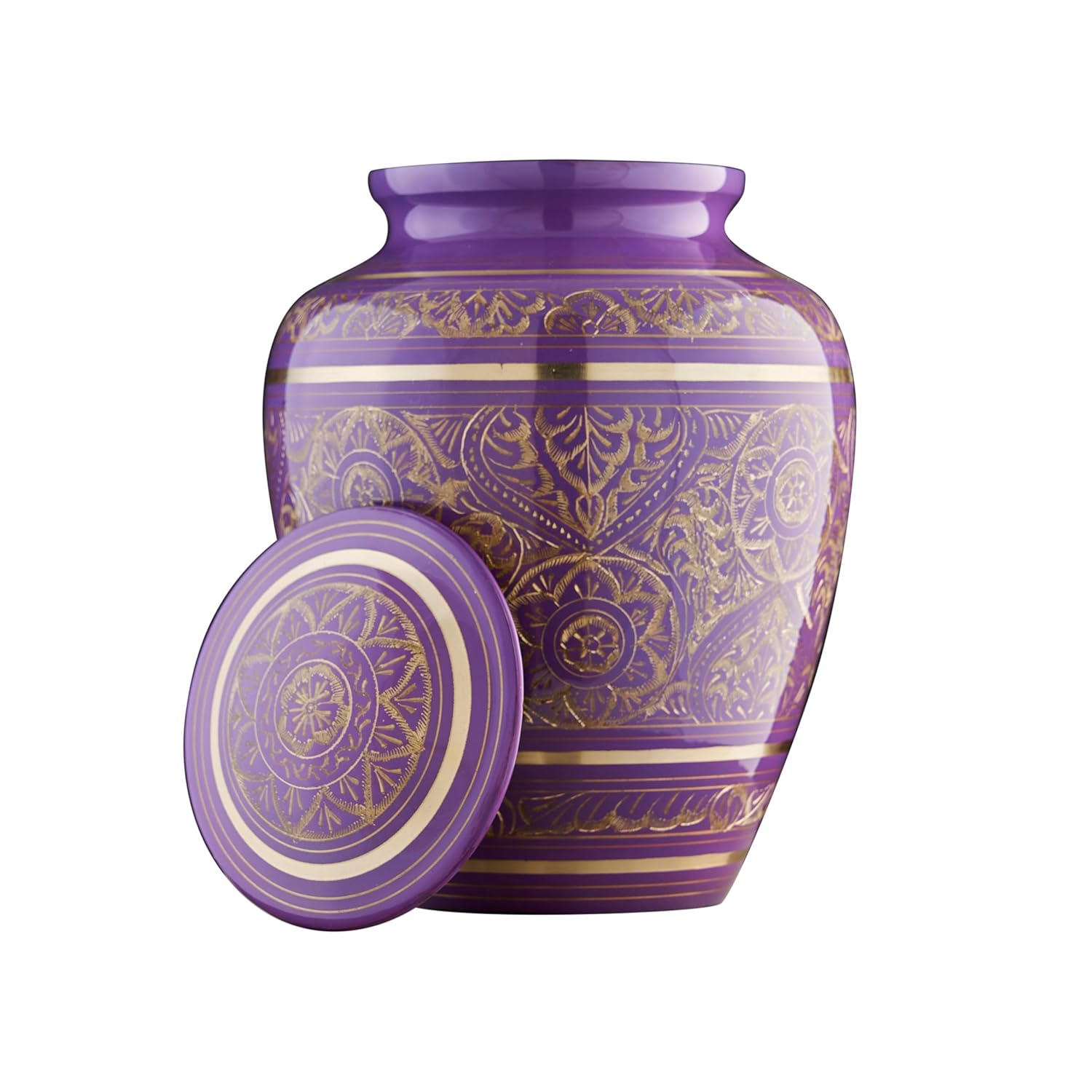Esplanade Brass Urn for Ashes Adult Male Female – 8.5" Cremation Urn for Human Ashes, Full Size Large Urn, Engraved Geometric Floral Purple Colour, Funeral Vase with Velvet Bag - for 65kg Adult