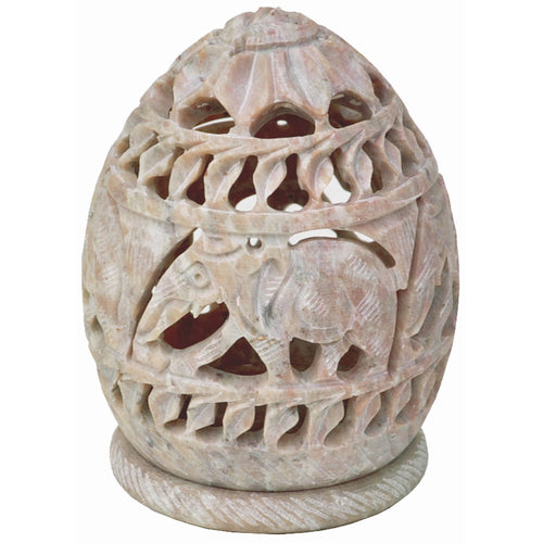 Esplanade Soapstone Candle, Tealight, Votive Holder Sculpture with Elephant Figures and Tendrils Carved on The Side and a Rosette on The Top (Small - Appx. 3 X 2.5 in)