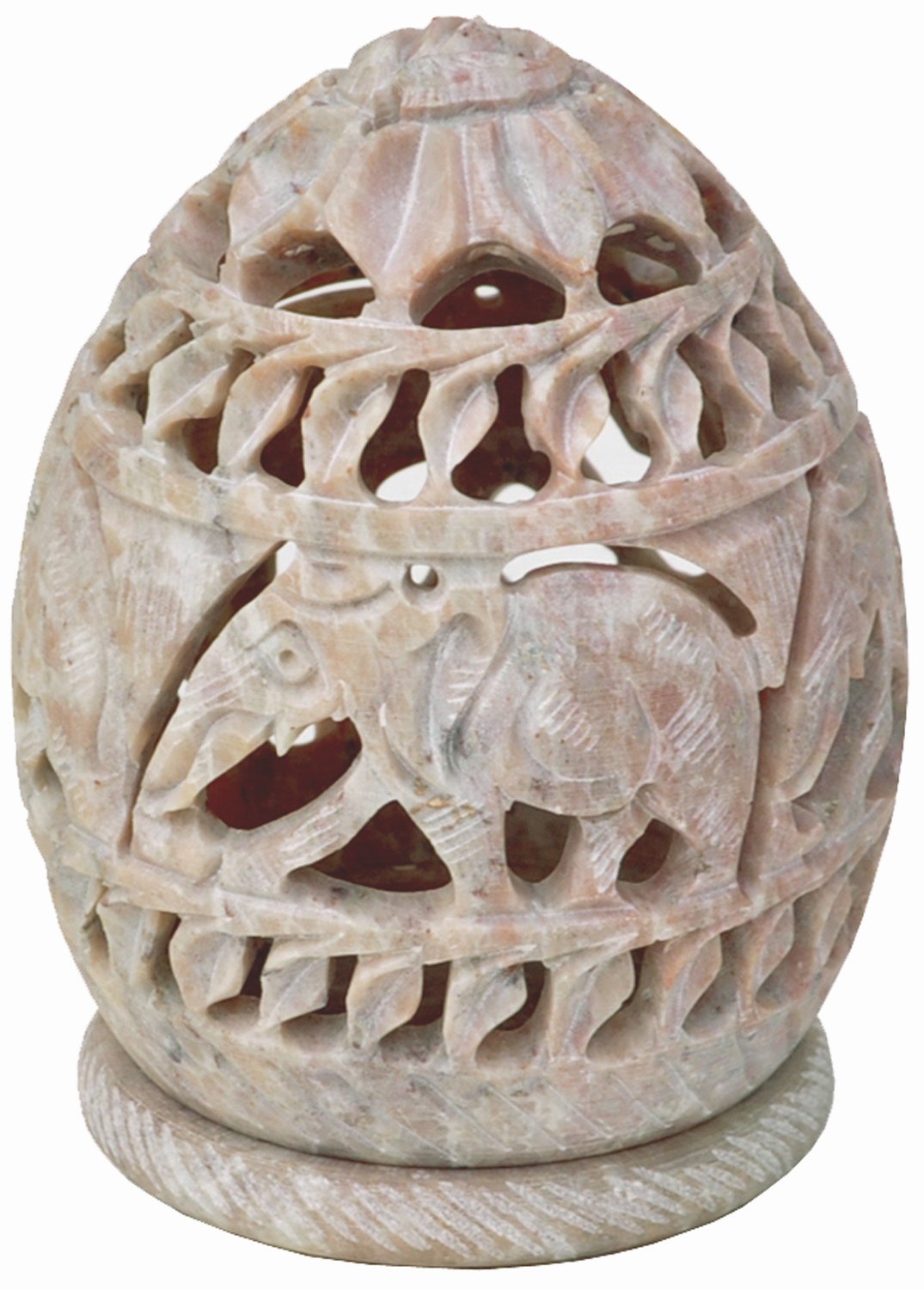 Esplanade Soapstone Candle, Tealight, Votive Holder Sculpture with Elephant Figures and Tendrils Carved on The Side and a Rosette on The Top (Small - Appx. 3 X 2.5 in)