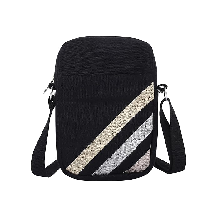 SKAPADORO Canvas Mobile Cross Body Black Sling Bag for Women Girls,100% Cotton, Embroidery, Zip Closure, Pocket, Adjustable Strap, Compact Everyday Bag - Day to Night (Black)