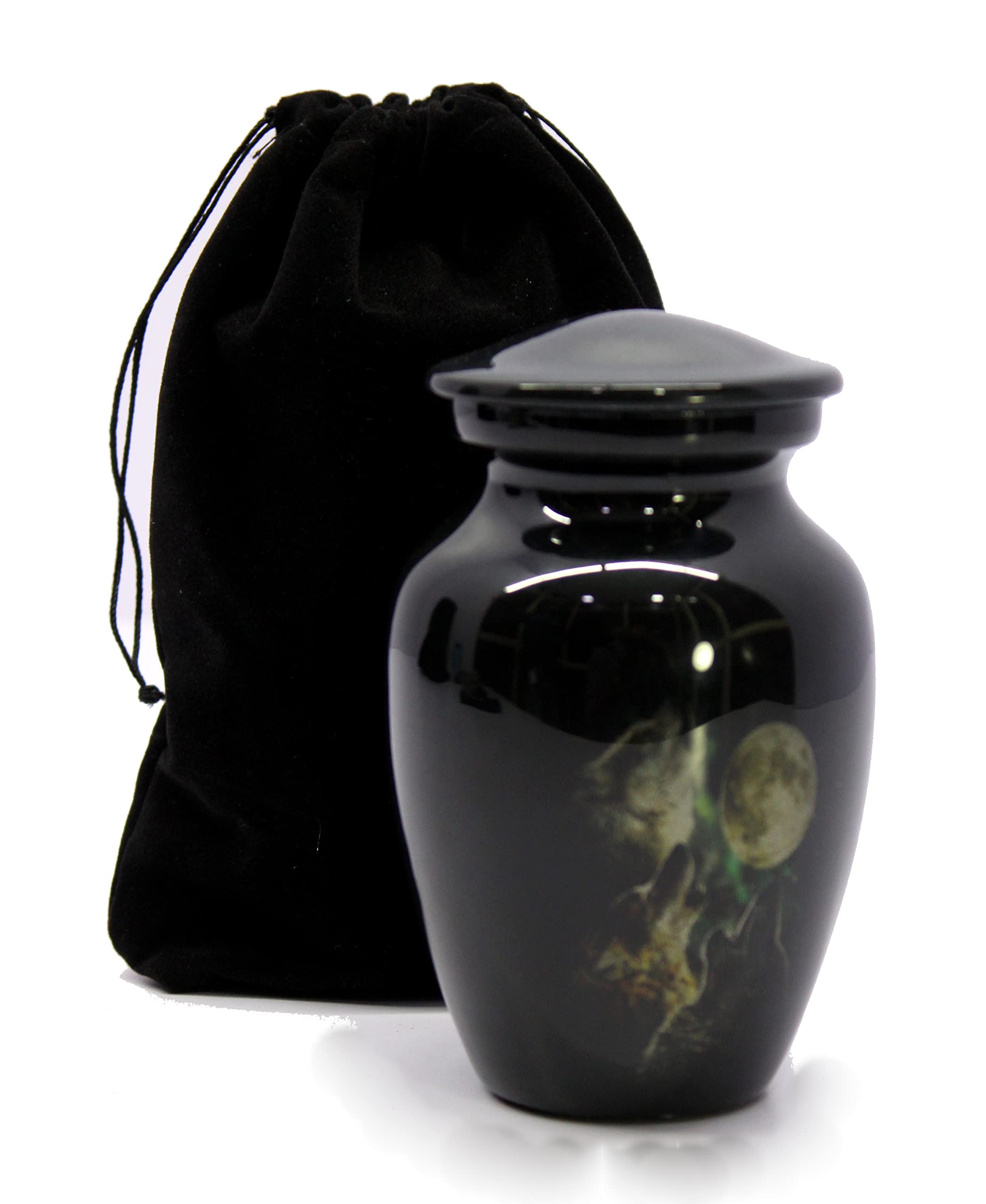 eSplanade Mini Cremation Urn Memorial Jar Pot Container | Small Metal Urn for Funeral Ashes Burial | Wolves with Moon Printed Metal Keepsake | Black - 4.5" Inches
