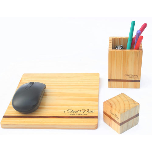 IVEI Pine Wood Penstand,Mouse Pad, Paper Weight Combo - Customised Work from Home Gift Set/ Customized Desk Organiser - with Name or Logo Engraving