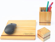 IVEI Pine Wood Penstand,Mouse Pad, Paper Weight Combo - Customised Work from Home Gift Set/ Customized Desk Organiser - with Name or Logo Engraving