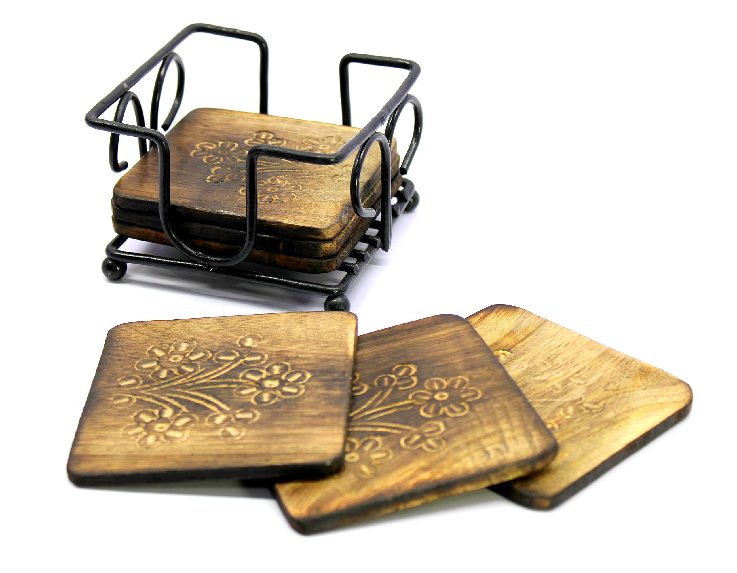 StonKraft Wooden Tea Coffee Coasters/Rustic Vintage Look Coasters Set with Wrought Iron Holder