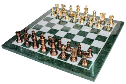 StonKraft Collectible Green Marble Chess Board Set + Brass Crafted Pieces Pawns - Decorative Stone Chess - Home DŽcor - 20" Inches