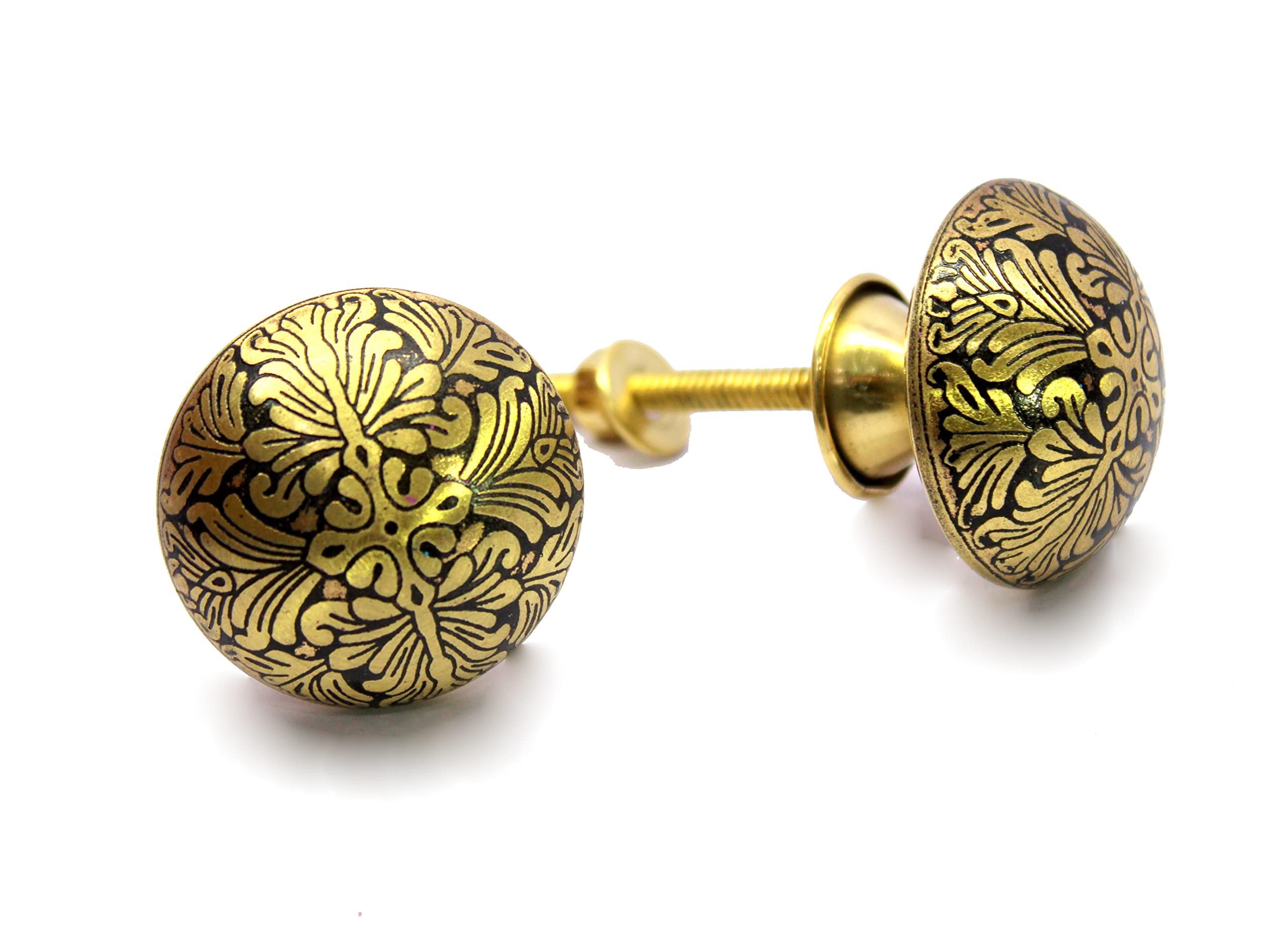eSplanade Brass Engraved Door Knobs Cupboard Pulls Knobs Drawer Handles Almirah Hooks - Set of 2 - Black-Golden Leaf Design (Black-Golden Leaf)