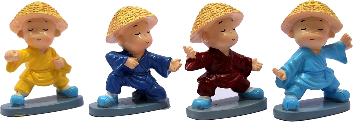 eSplanade Resin Baby Buddha Monk Statues - Set of 4 | Feng Shui Monk Figurine Showpieces | Home DŽcor - Car Dashboard | Multicolour - 2" Inches (Small)