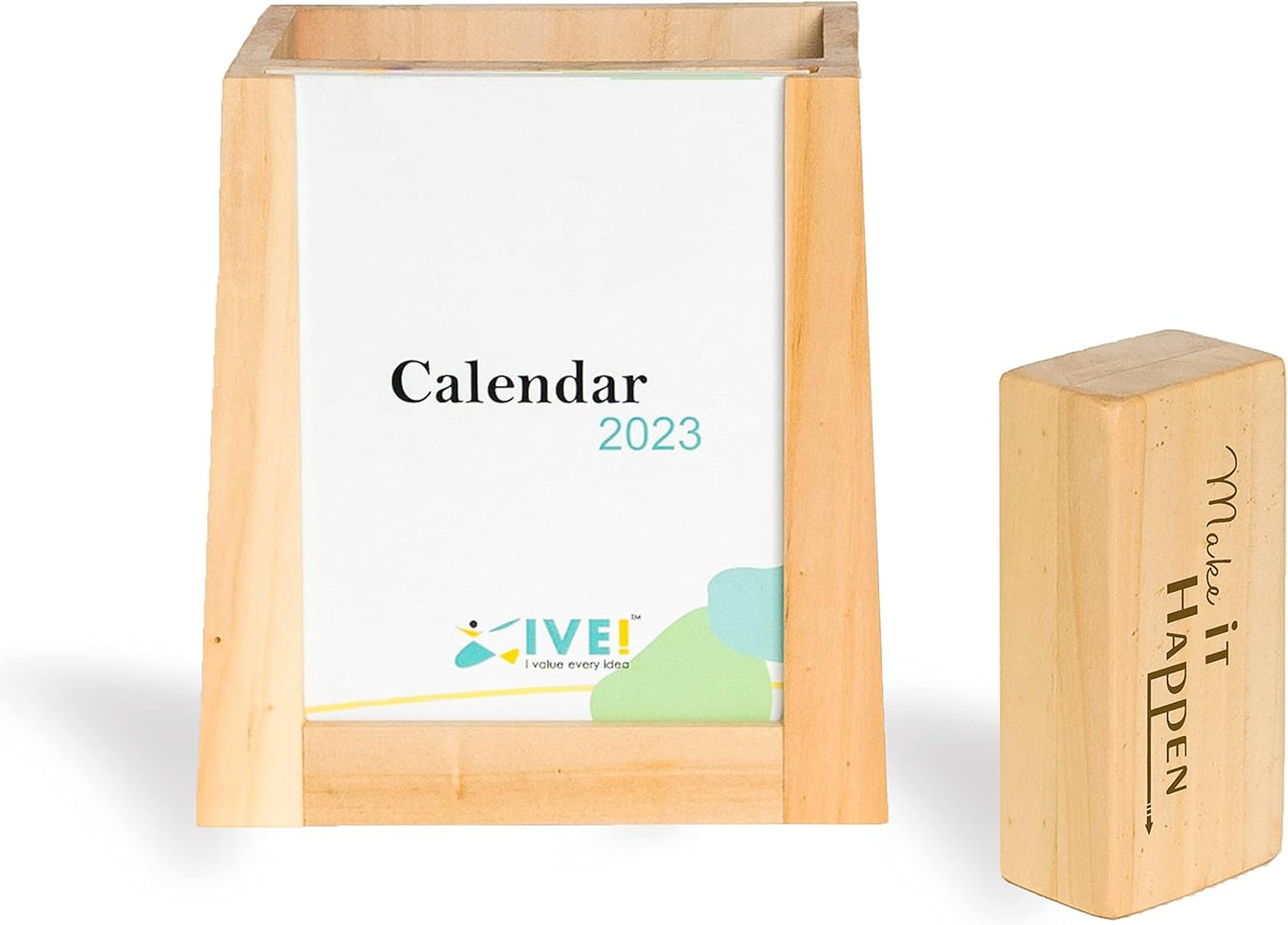 IVEI Desk Calendar with Organizer and Paper Weight | Wood Desk Pen Pencil Holder Stand Multi Purpose Use Pencil Cup with Calendar and Flat Wooden Paper Weight | Fresh themed Calendar