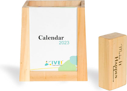 IVEI Desk Calendar with Organizer and Paper Weight | Wood Desk Pen Pencil Holder Stand Multi Purpose Use Pencil Cup with Calendar and Flat Wooden Paper Weight | Fresh themed Calendar