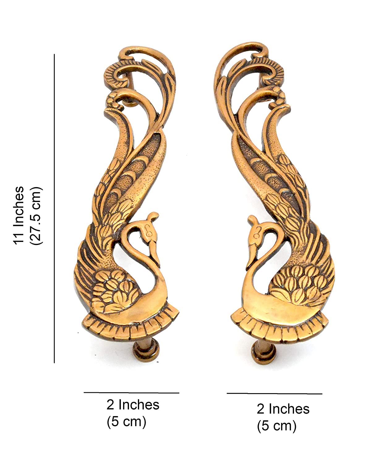 eSplanade - 11" Designer Peacock Brass Door Handle Pair (2 pcs) | Home Decor | Door Decor | Pair of Brass Door Handles | Pair of Brass Door Pulls