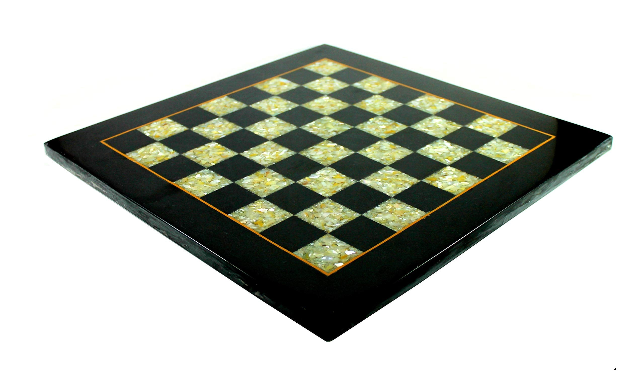 StonKraft Collectiblck e Black Marble & (MOP) Mother of Pearl Chess Board Set + Brass Chess Pieces - Decorative Stone Chess - Home Decor - 15" Inches