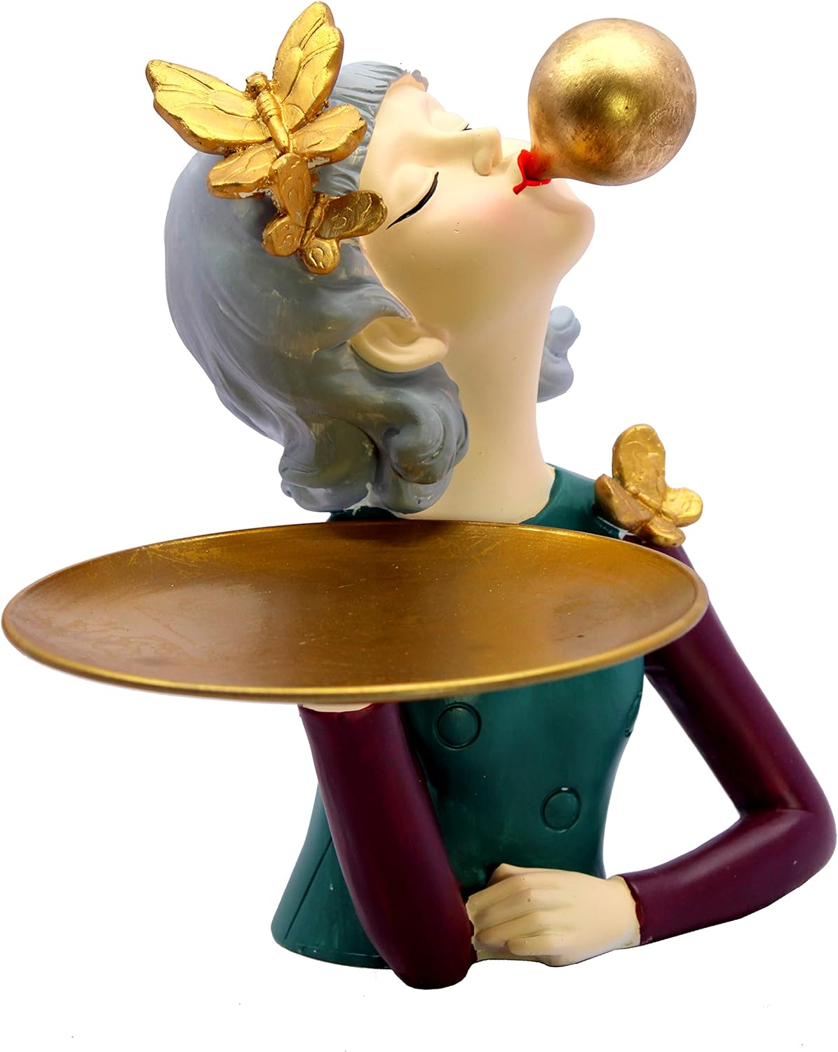 eSplanade Resin Plate Holding Lady Showpiece Statue Sculpture Figure for Home Decor 10" Inches - Multi-Golden