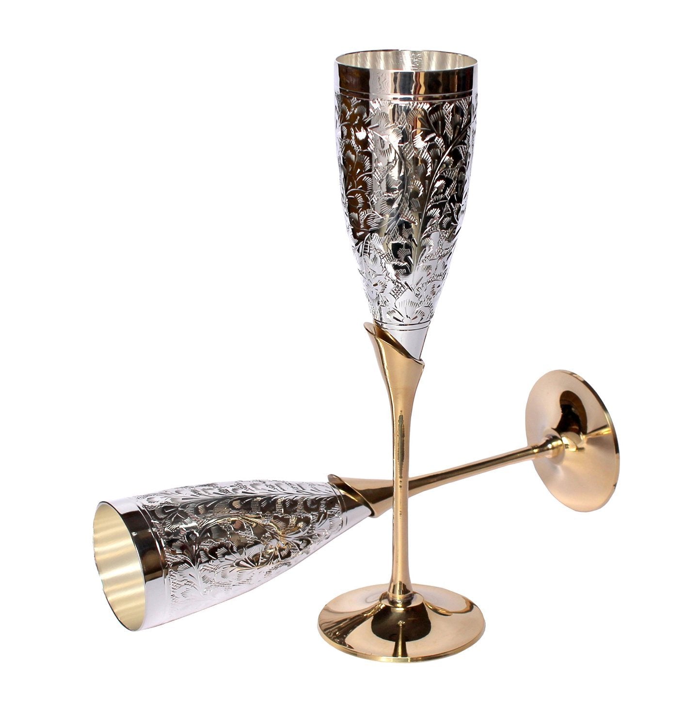 StonKraft eSplanade Engraved Brass Goblet Champagne Glasses Flutes Coupes Wine Glass Set