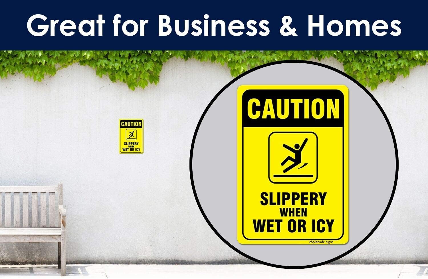 Esplanade Caution - Slippery When Wet Or ICY Sign Sticker Decal - Easy to Mount Weather Resistant Long Lasting Ink (Size 10"x7")