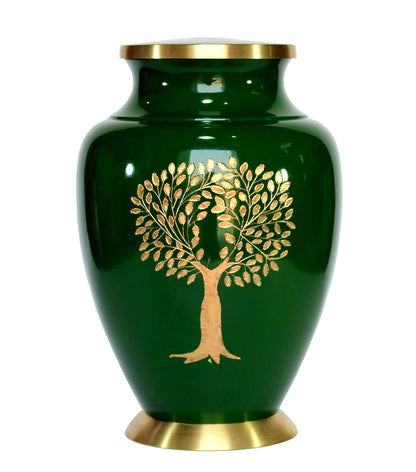 eSplanade Brass Cremation Urn Memorial Jar Pot Container | Full Size Urn for Funeral Ashes Burial | Tree Engraved Metal Urn | Green - 10" Inches