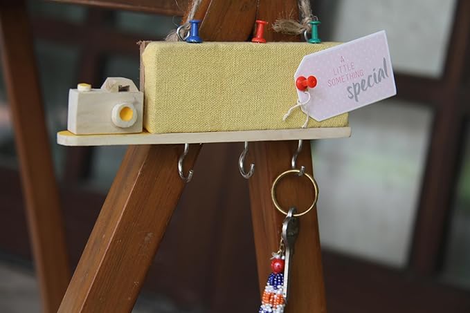 ESPLANADE Key Holder with Mini Pinboard - Stylish Wooden Key Holder with Pin-up Board - Key Organizer Wall Hooks - for Wall/Home/Office Decor with Handcrafted Camera - Yellow