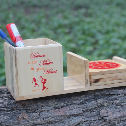IVEI Warli Wooden Pen Stand with Mobile Holder and Coaster - Utility Pen Stand - Desk Organizer - Stationery Holder - Table Top Items - Unique Pattern Coaster - Best Gift for Office and Home