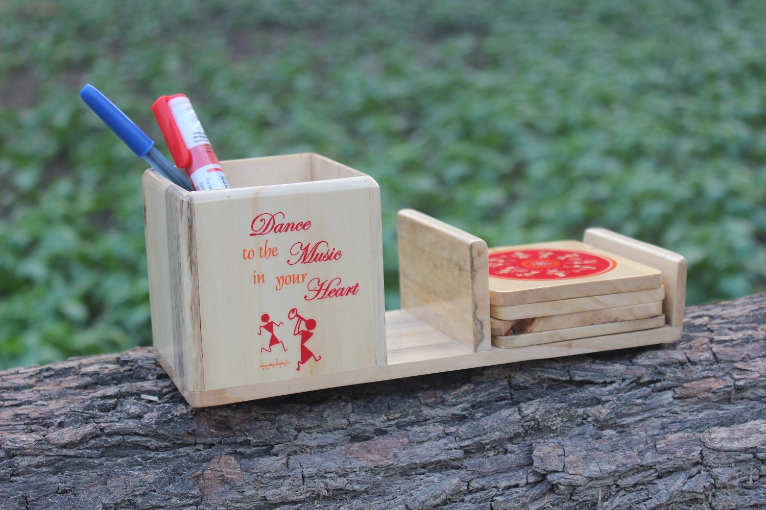 IVEI Warli Wooden Pen Stand with Mobile Holder and Coaster - Utility Pen Stand - Desk Organizer - Stationery Holder - Table Top Items - Unique Pattern Coaster - Best Gift for Office and Home