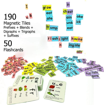 MFM Toys Magnetic Phonic Word Builder ~ 170 Magnetic Tiles + 50 Flashcards (Does Not Include Magnetic Board) Ages 6+