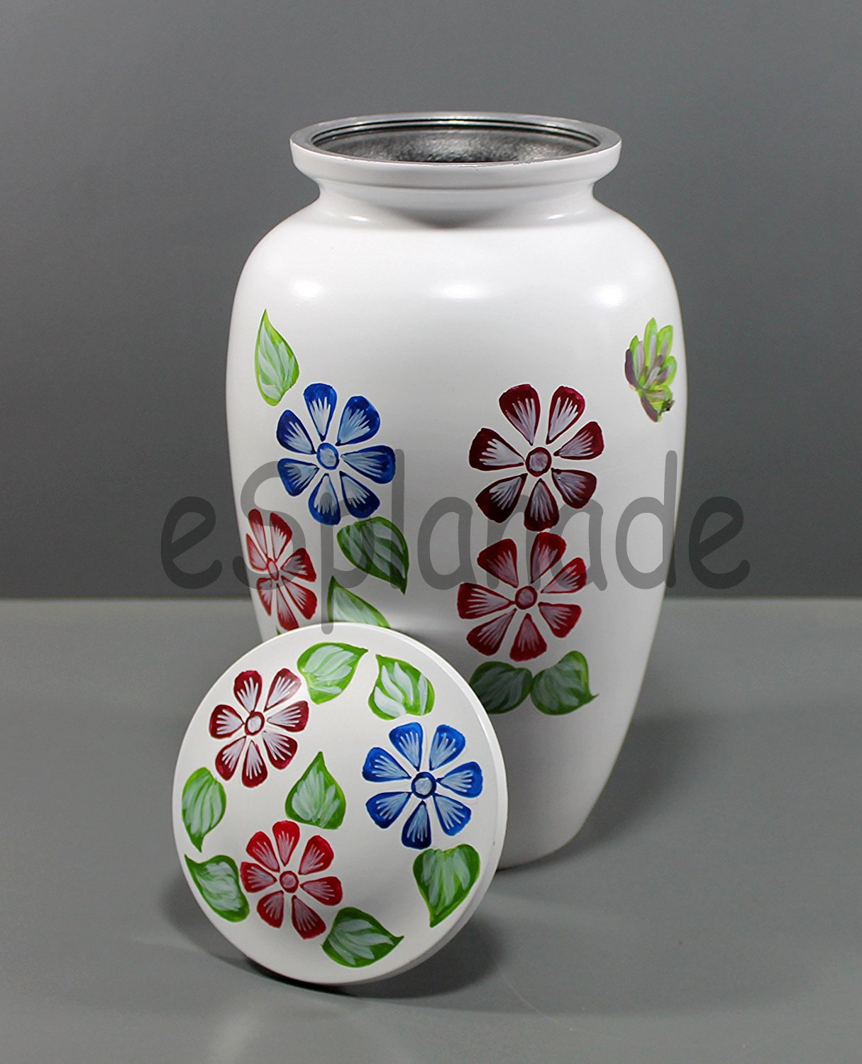 eSplanade Metal Cremation Urn Memorial Jar Pot Container | Full Size Urn for Funeral Ashes Burial | Flowers Printed Urn | Blue, Brown, Multicolor - 10" Inches