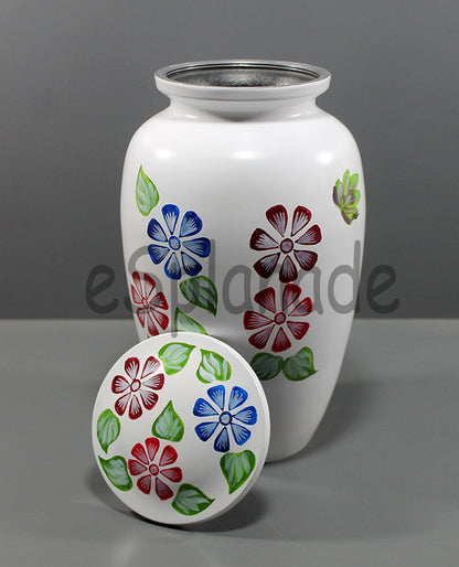 eSplanade Metal Cremation Urn Memorial Jar Pot Container | Full Size Urn for Funeral Ashes Burial | Flowers Printed Urn | Blue, Brown, Multicolor - 10" Inches