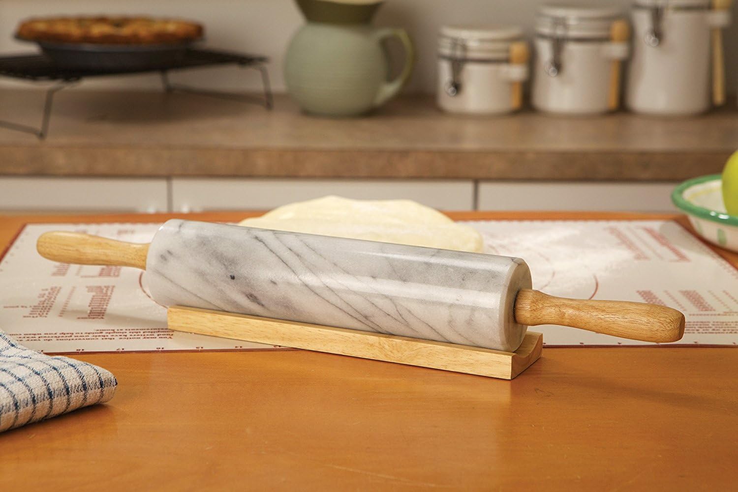 KLEO Natural White Marble 18 inches Rolling Pin with Wooden Handles and Cradle
