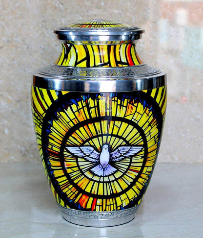 eSplanade Metal Cremation Urn Memorial Jar Pot Container | Full Size Urn for Funeral Ashes Burial | White Pigeon Print | Yellow-Multi - 10" Inches