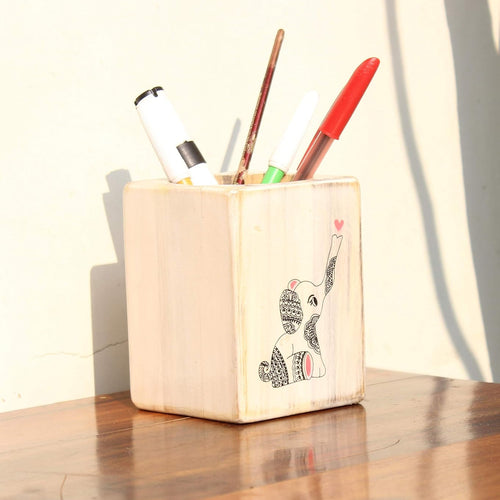 IVEI Wooden Rectangular Pen Stand - Elephant Doodle Pen/Pencil Holder - Minimalistic Office Desk Organizer - Wooden Stationery Holder for Office and Study Table - Unique Budget Gifts