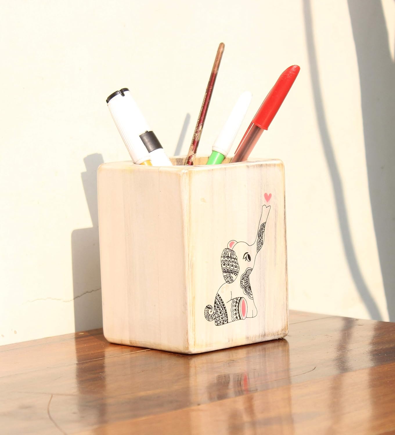 IVEI Wooden Rectangular Pen Stand - Elephant Doodle Pen/Pencil Holder - Minimalistic Office Desk Organizer - Wooden Stationery Holder for Office and Study Table - Unique Budget Gifts