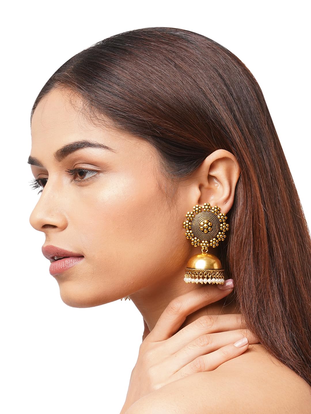 Binnis wardrobe Dual-Toned textured long jhumka with hanging pearl handcrafted earrings