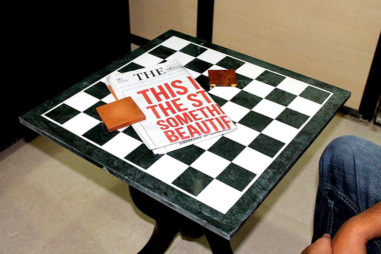 StonKraft Green Marble Chess Board with Inlay Work - Coffee Table Centre Tabletop Without Stand - Decorative Stone Board - Home Decor - 20" Inches