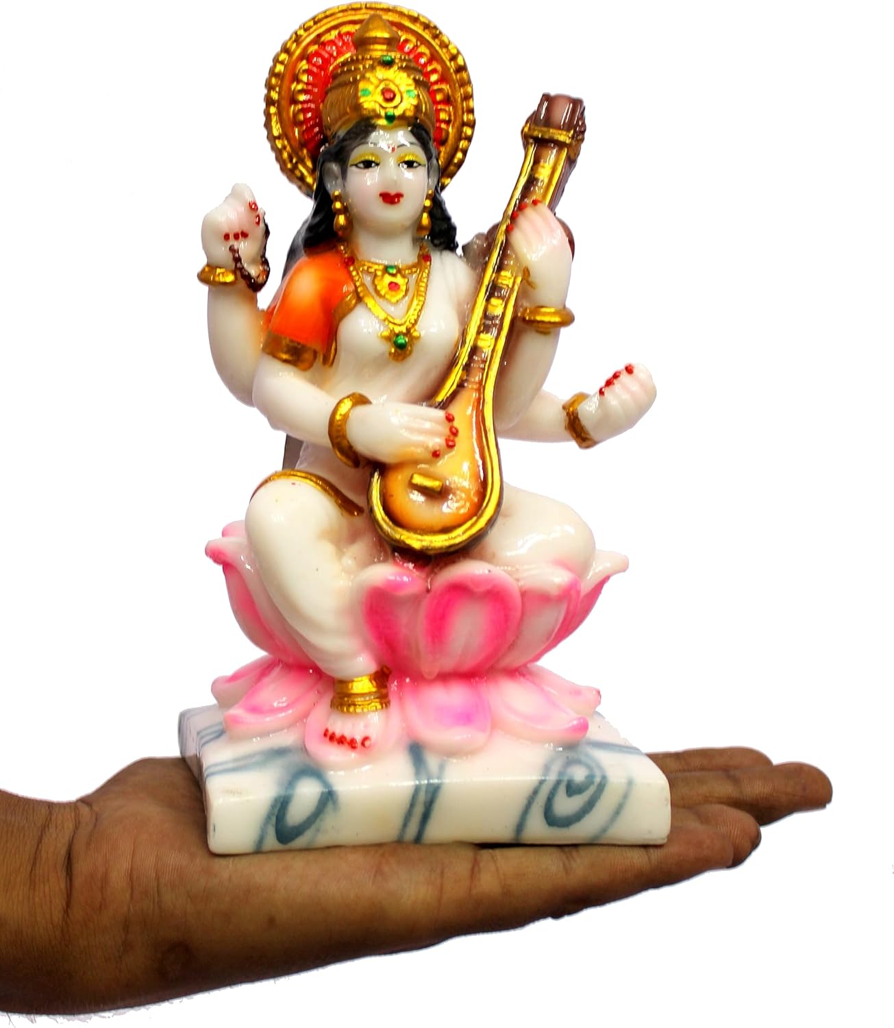 eSplanade Saraswati on Lotus | Saraswati Goddess Murti Idol Statue Sculpture Figurine - Resin - Multi - 10.5" & 7" Inches