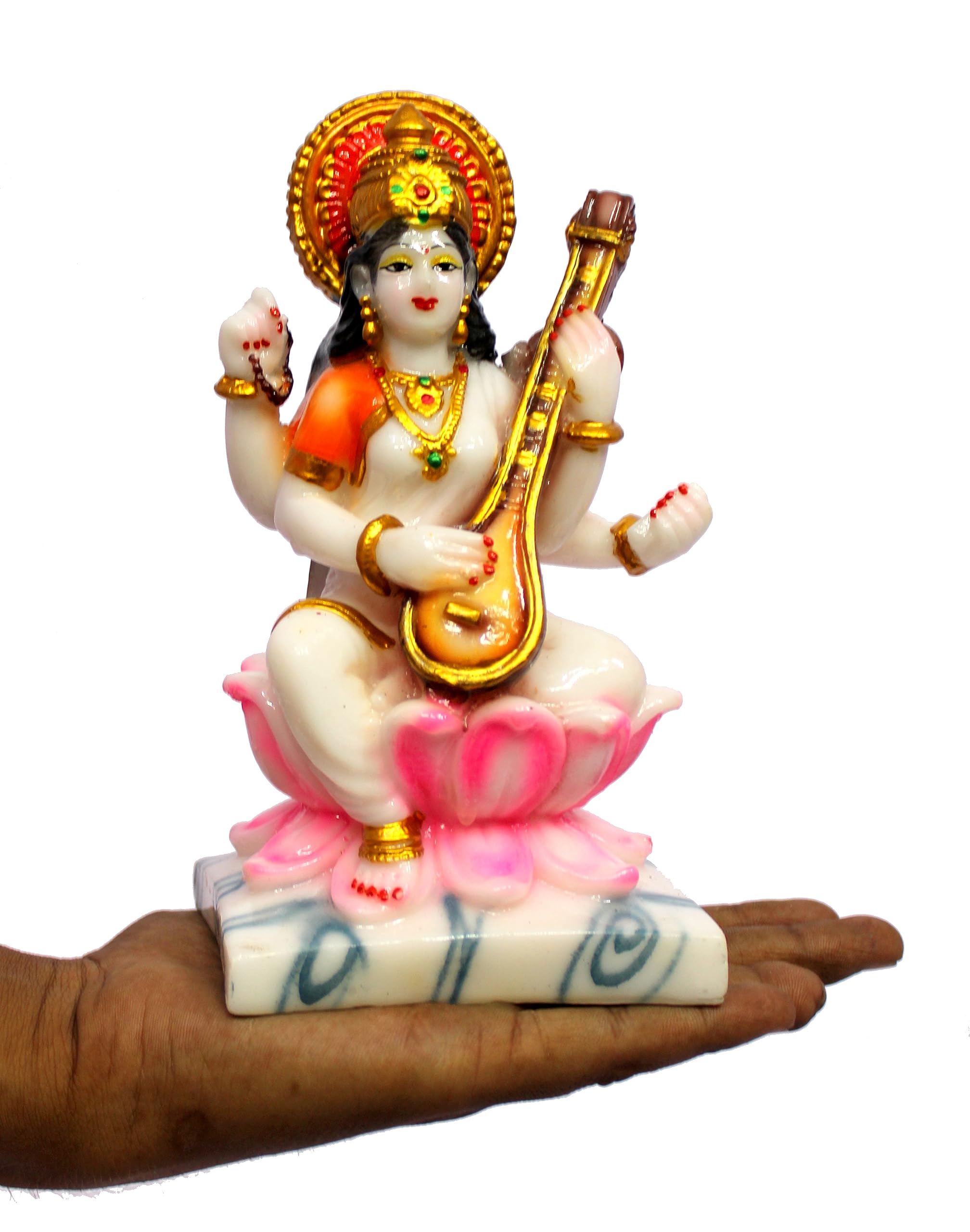 eSplanade Saraswati on Lotus | Saraswati Goddess Murti Idol Statue Sculpture Figurine - Resin - Multi - 10.5" & 7" Inches