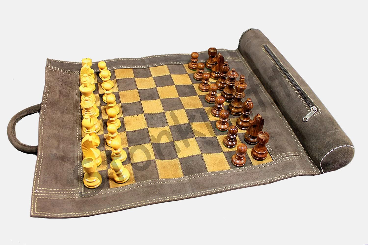 StonKraft - 19" x 15" (Chess Board Size 12" x 12") Roll-Up Leather Chess Set with Wooden Chess Pieces | Comes with Innovative Carry Pouch