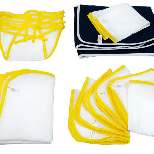 Jacha & Bacha Jumbo Gift Set for Newborns - Set of 6 Nappies, 6 Napkins, 2 Towels, 2 Burp Cloth, 1 Liner - Pure Soft Dhoti Cotton (Yellow)