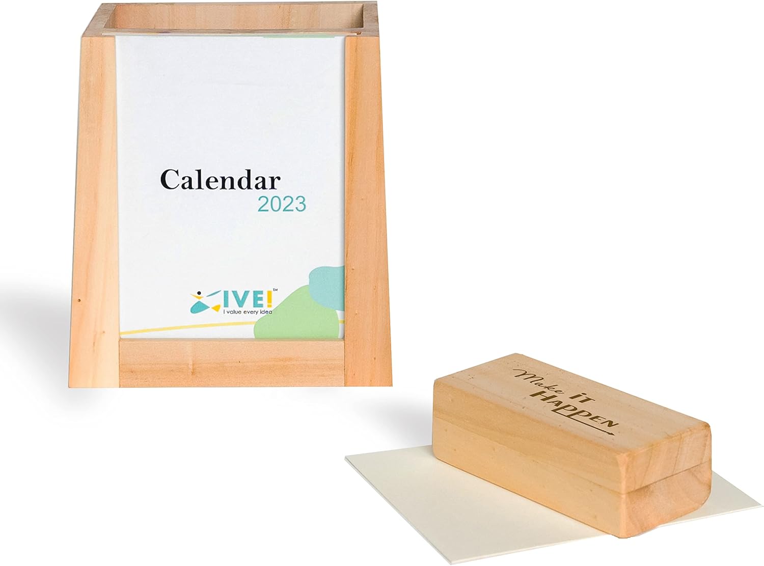 IVEI Desk Calendar with Organizer and Paper Weight | Wood Desk Pen Pencil Holder Stand Multi Purpose Use Pencil Cup with Calendar and Flat Wooden Paper Weight | Fresh themed Calendar