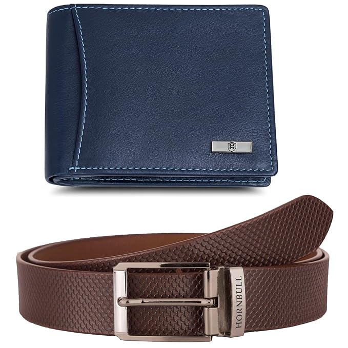 HORNBULL Gift Hamper for Men | Navy Wallet and Brown Belt Mens Combo Gift Set | Leather Wallets for Men | Men's Wallet BW69181