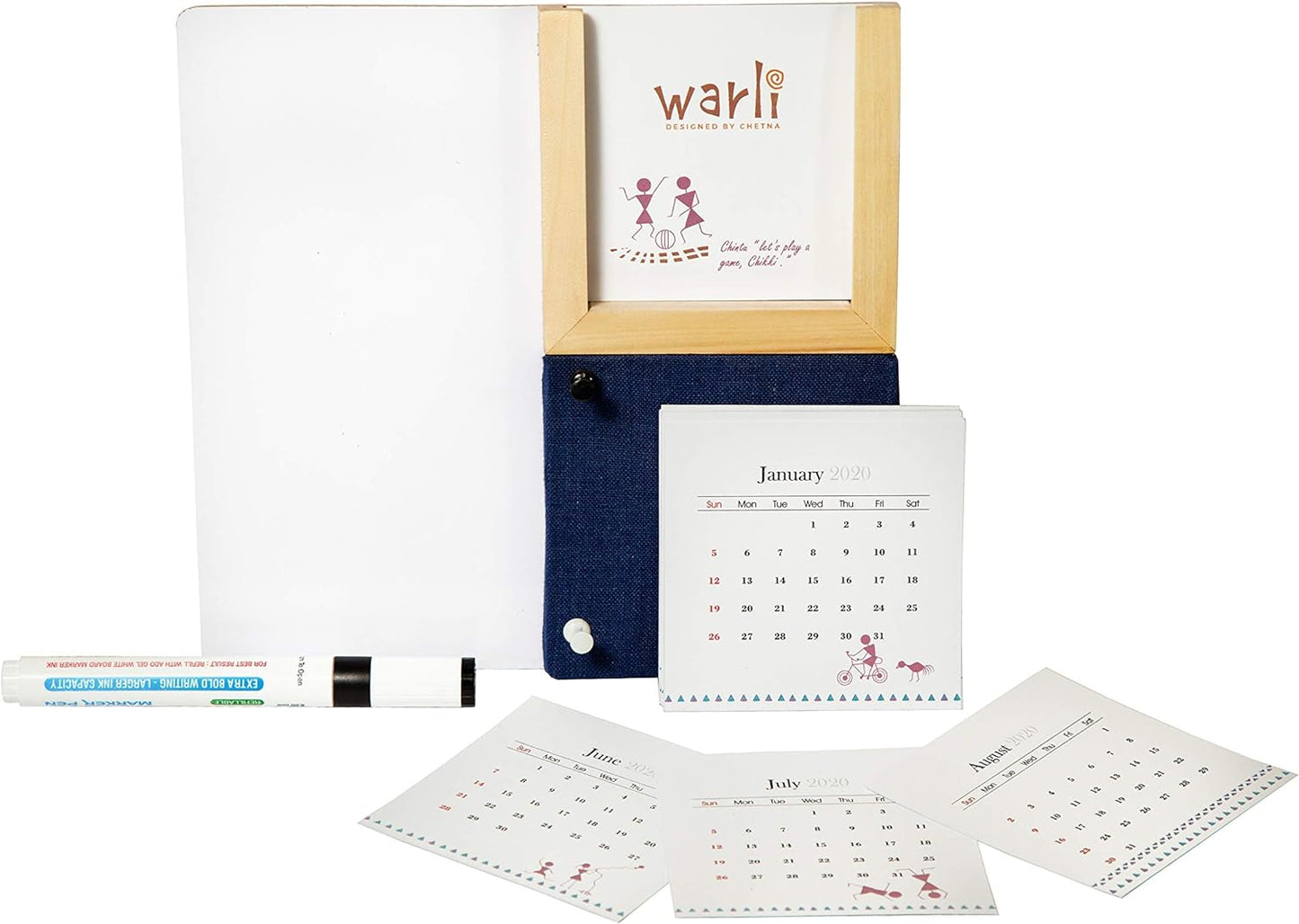 IVEI Warli Desk Calendar with Whiteboard, Pin Board & Pen Holder - Table Top Calendar Set - All-in-one Calendar Desk Organizer - Innovative gift for Office Desk Decor, School, Home (Dark Blue)