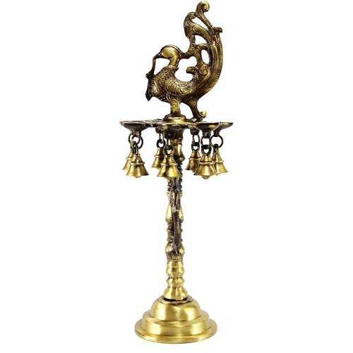 eSplanade Brass Diya Indian pooja lamp| Brass Deepak Deepam Kuthu Vilakku| with bells| (Peacock).17'' inches
