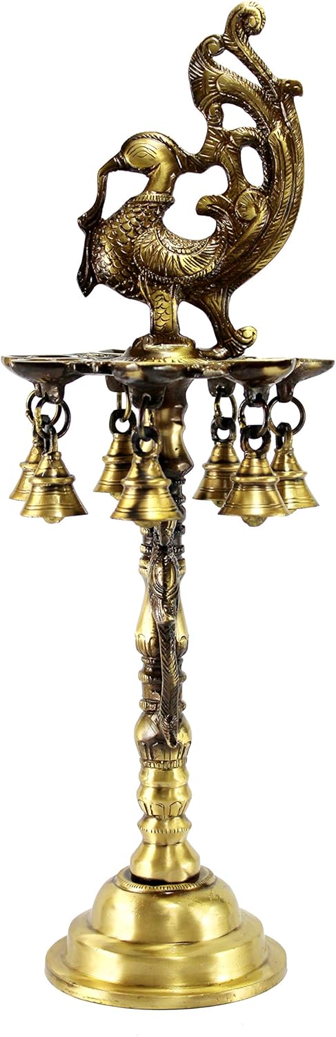 eSplanade Brass Diya Indian pooja lamp| Brass Deepak Deepam Kuthu Vilakku| with bells| (Peacock).17'' inches