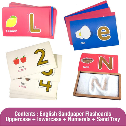 MFM TOYS Montessori Sandpaper Letters Tactile English Flashcards Combo (English Uppercase + Lowercase + Numerals + Sand Tray) | Most Comprehensive Early Learning Flashcards