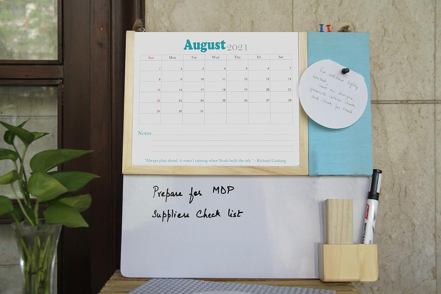 IVEI Planner Combination Board - Blue- pin Board and whiteboard Combination Board with Planner - Dry Erase Board - Bulletin Board - Innovative Organizer- Office and Home