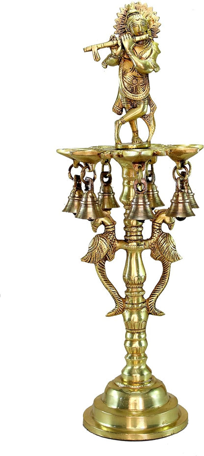 Brass Krishna Oil Lamp | Home Decor | Brass Diya Deepam Lamps | Kuthu Vilakku | Lamps for Home and Office - 16.5" Inches - Big Size