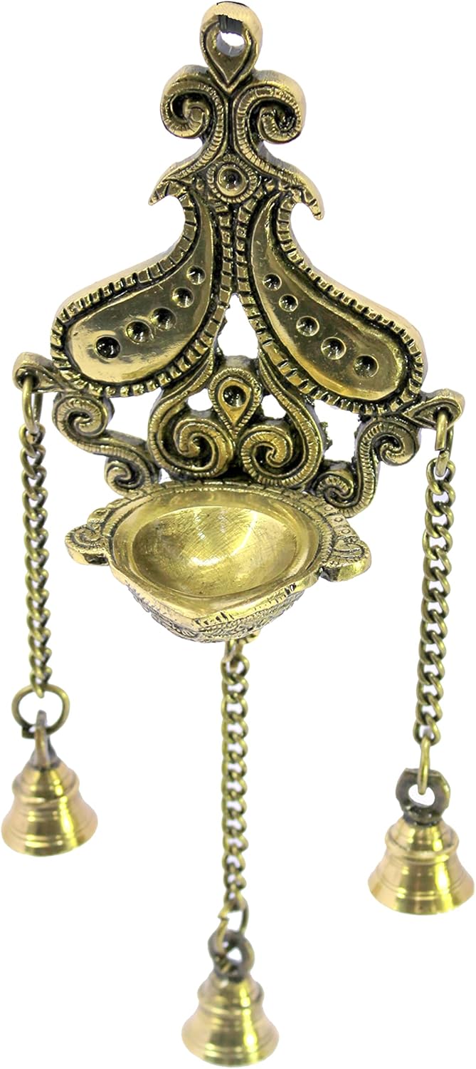 ESPLANADE Brass Diya with Bells Wall Hanging for Decoration and Illumination | Brass Deepak Wall Hanging - Wall / Home Decor | 12.5" Inches - Golden